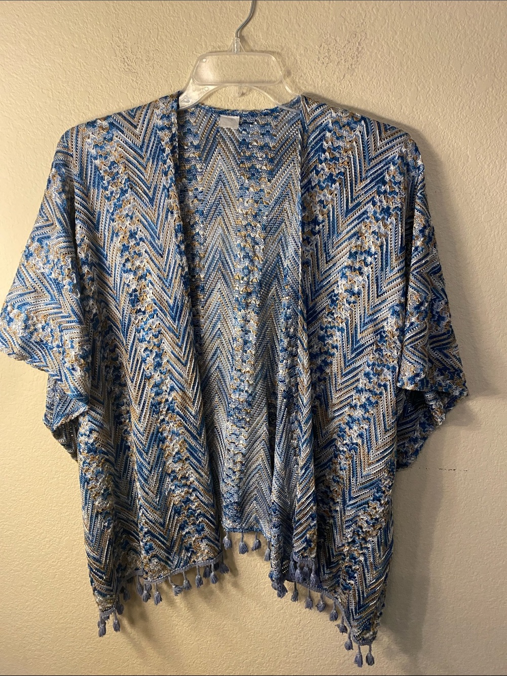 dressbarn Blue & Cream Open-Front Crochet Kimono with Tassel Hem